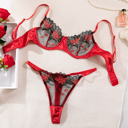 Sexy Minimalist Embroidered Flower Underwear Suit