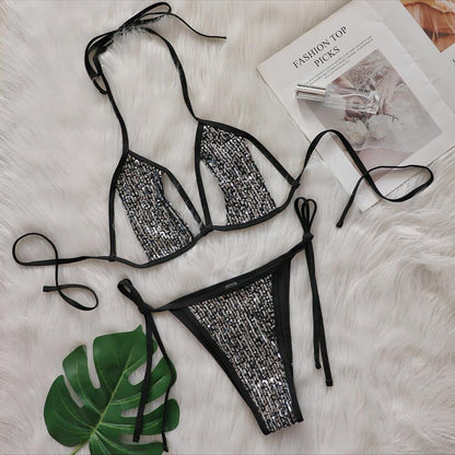 Sexy Sequined Lace-up Cutout Beach Bikini