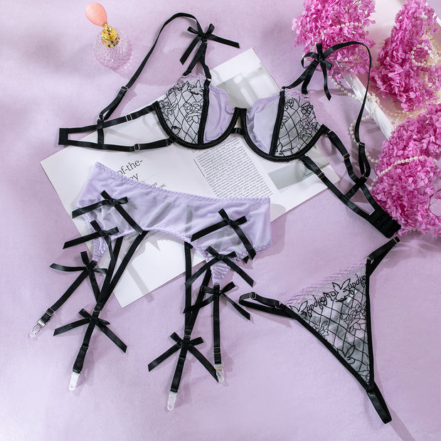 Sexy See-through Embroidered Mesh Stitching Butterfly Underwear Suit