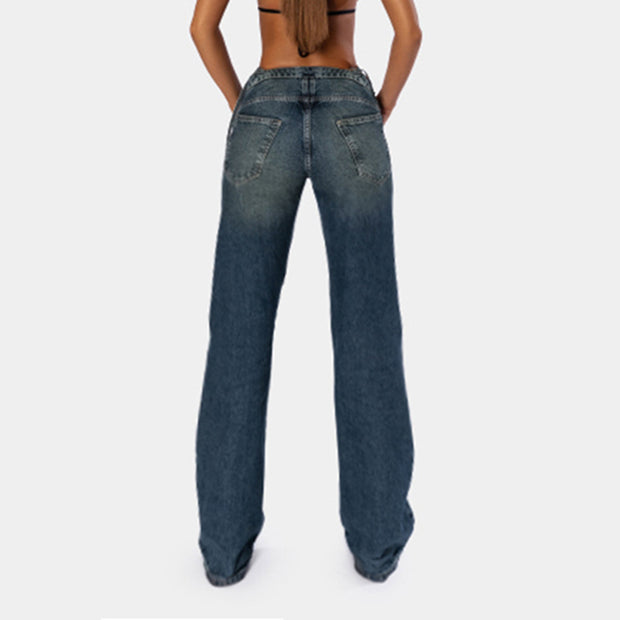 Zweiteilige Jeans mit geradem Bein und weitem Bein und V-Taille im Patchwork-Stil mit Hohlsaum