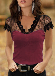 Sexy Solid Color Lace V-neck Short Sleeve Top