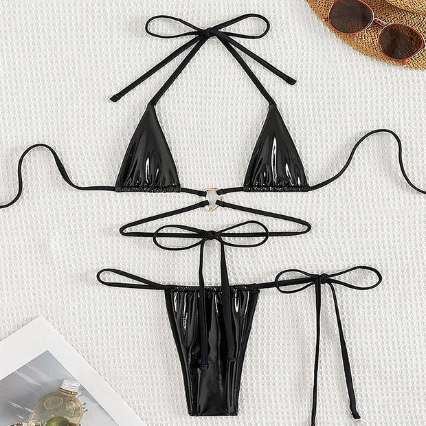 Sexy glänzender Bikini-Badeanzug mit Schnürung