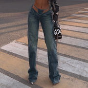Zweiteilige Jeans mit geradem Bein und weitem Bein und V-Taille im Patchwork-Stil mit Hohlsaum