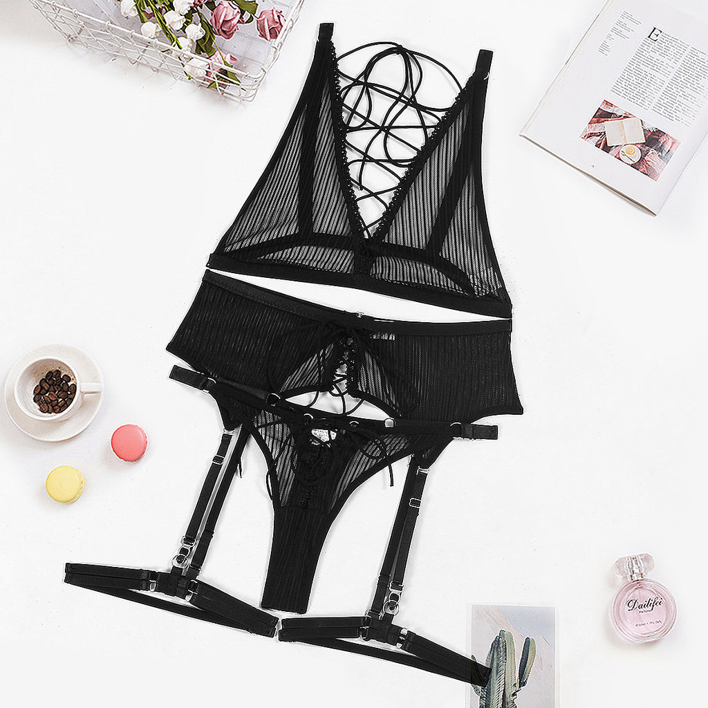 Sexy Crossover Lace up Striped Bra Four-Piece Set