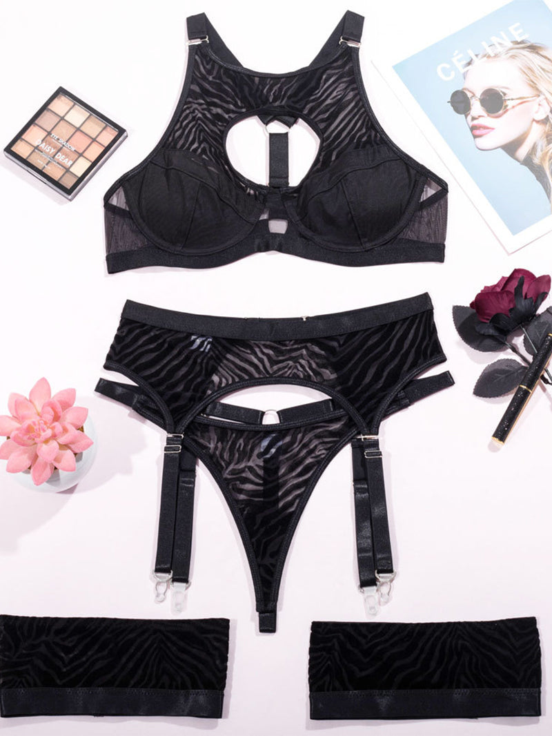 Sexy Mesh Stripes Underwear Garter Suit