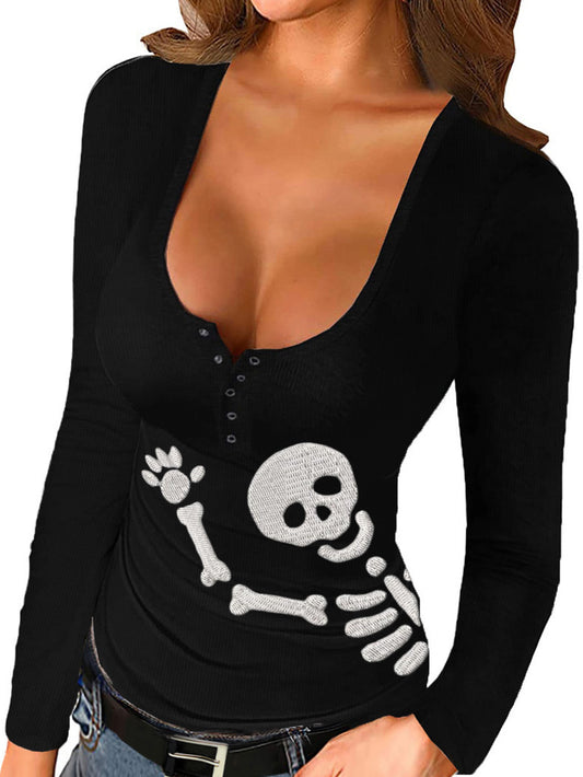 Skull Greeting Print Long Sleeve Button Tops