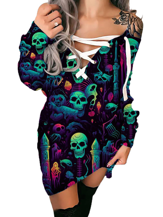 Woman Ghost Skull Printed V-neck Bandage Sexy Dress