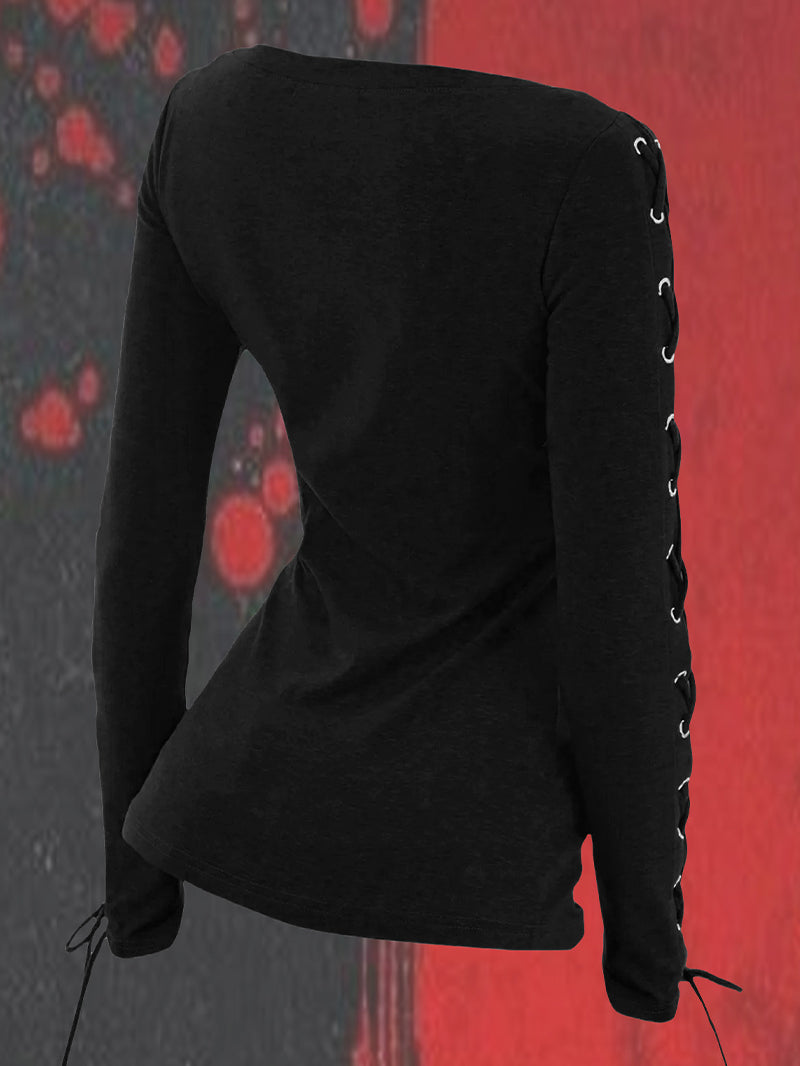 Fashion Black Slim Fit Strap Long-Sleeved T-shirt