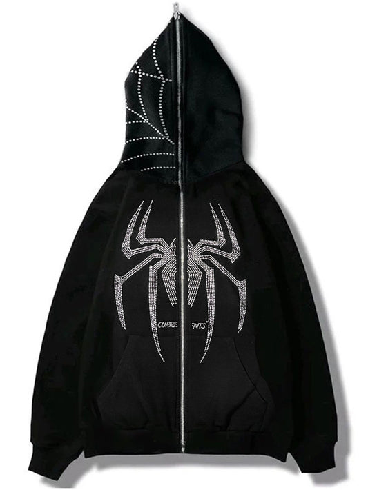 Women's Casual Spider Print Zipper Hoodie