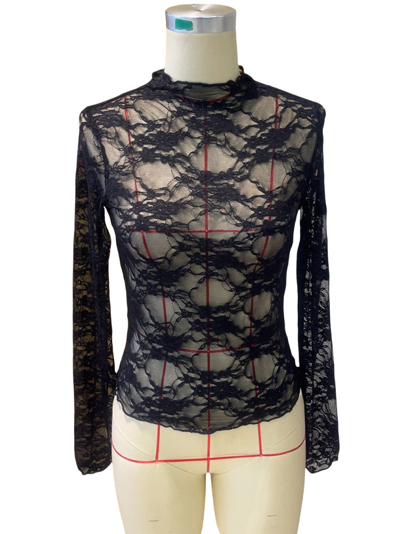 Elegant Women's Lace Stringy Selvedge Long Sleeve Top