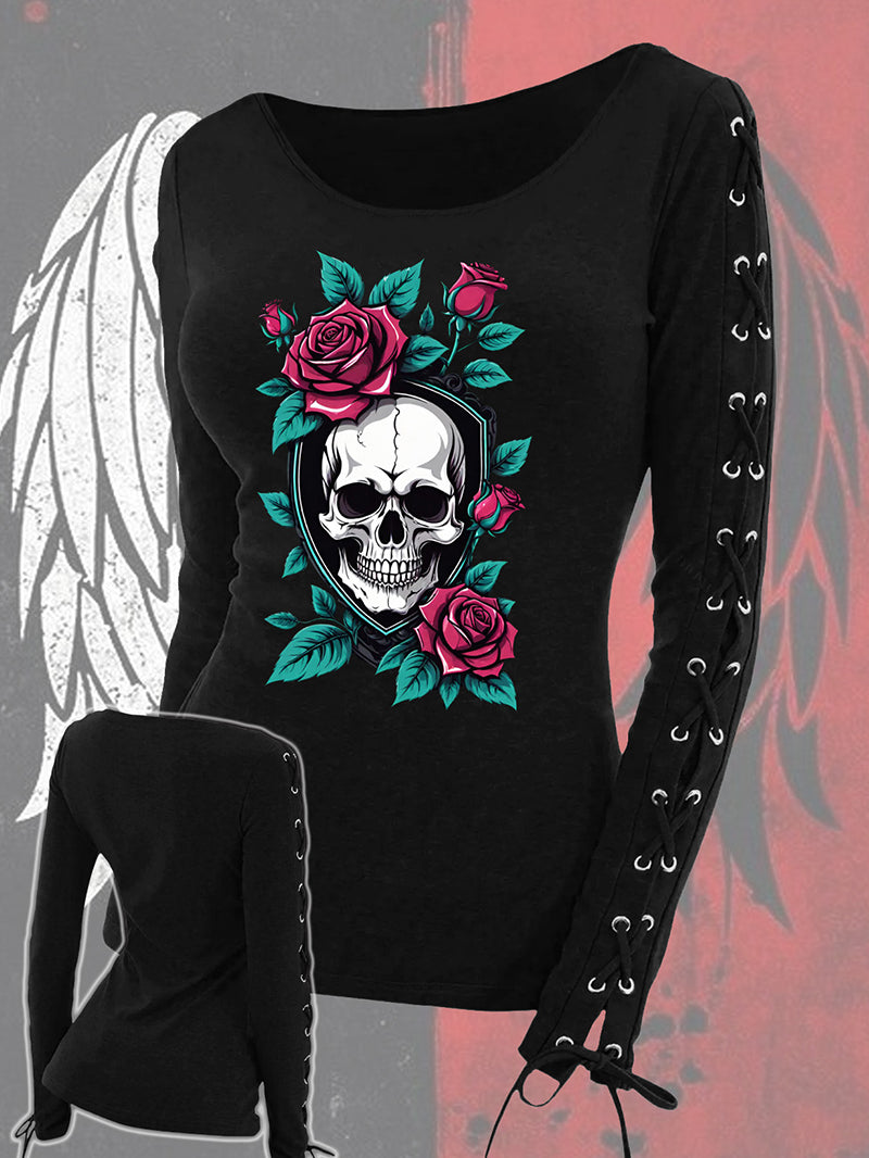 Fashion Gothic Style Rose Skull Black Slim Fit Strap Long-Sleeve T-shirt