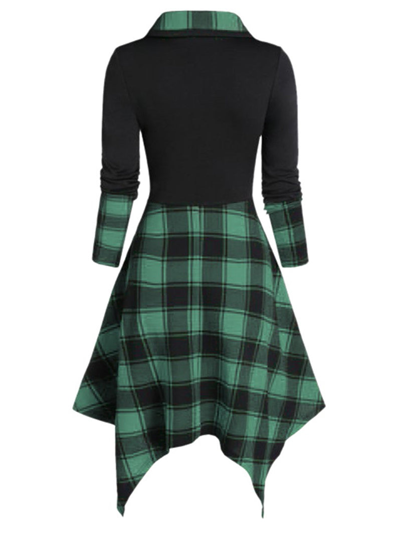 Women's Clothing Overlap Lapel Single Breasted Plaid Stitching Dress