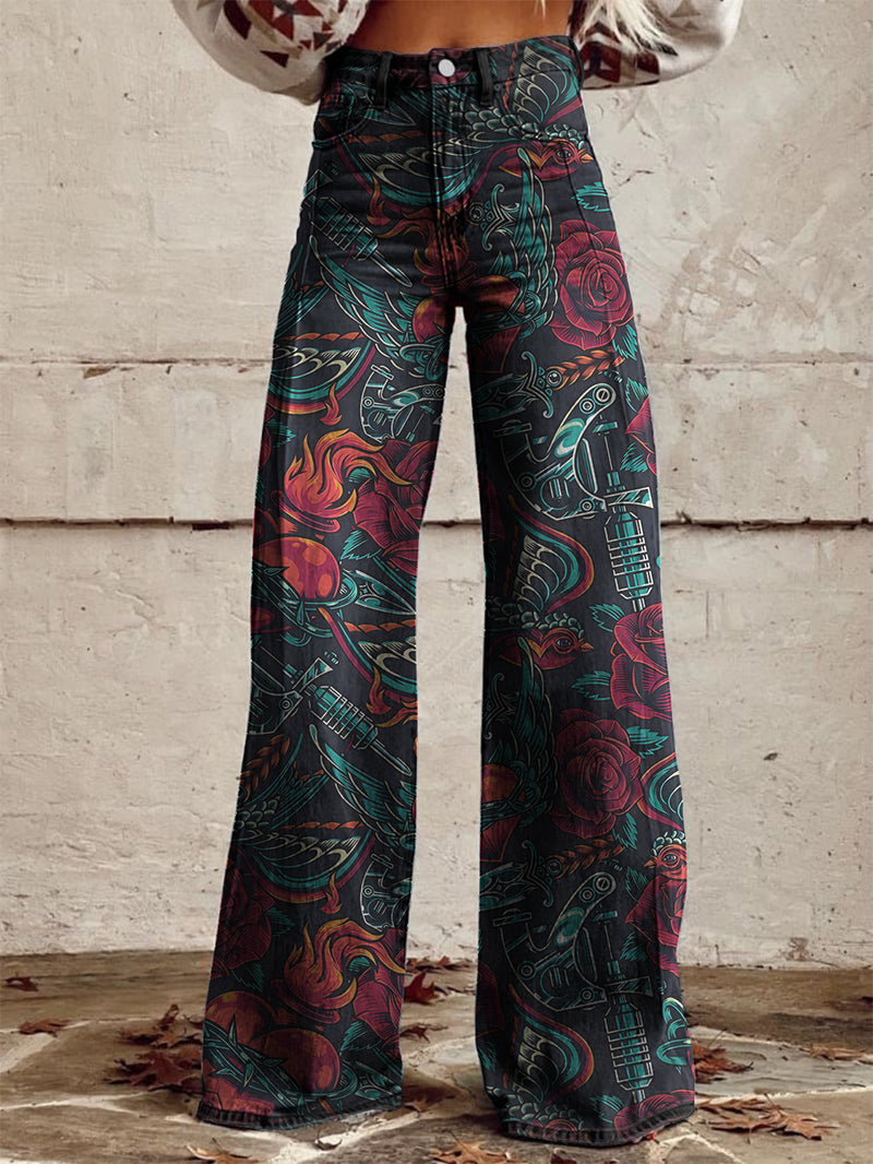 Colorful Bird Instrument Rose Print Wide-Leg Pants