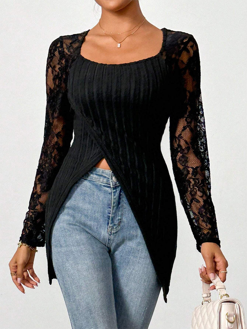 Lace Stitching Irregular Hem Long Sleeve T-shirt