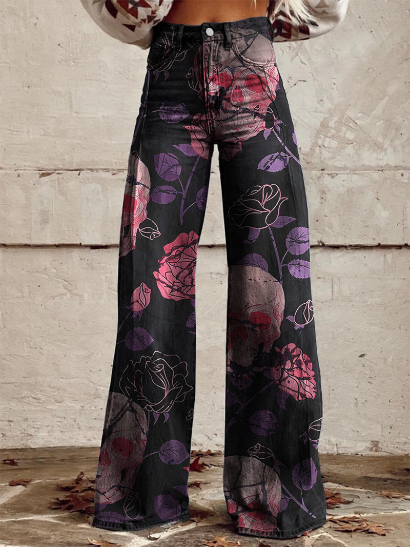 Gradient Skull Purple Flower Print Wide-Leg Pants