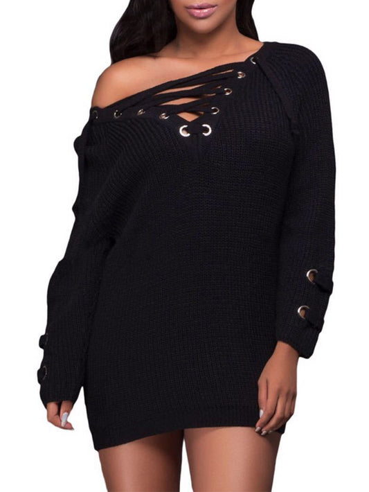 Sexy Crossover Lace up Loose Sweater Knitted Dress