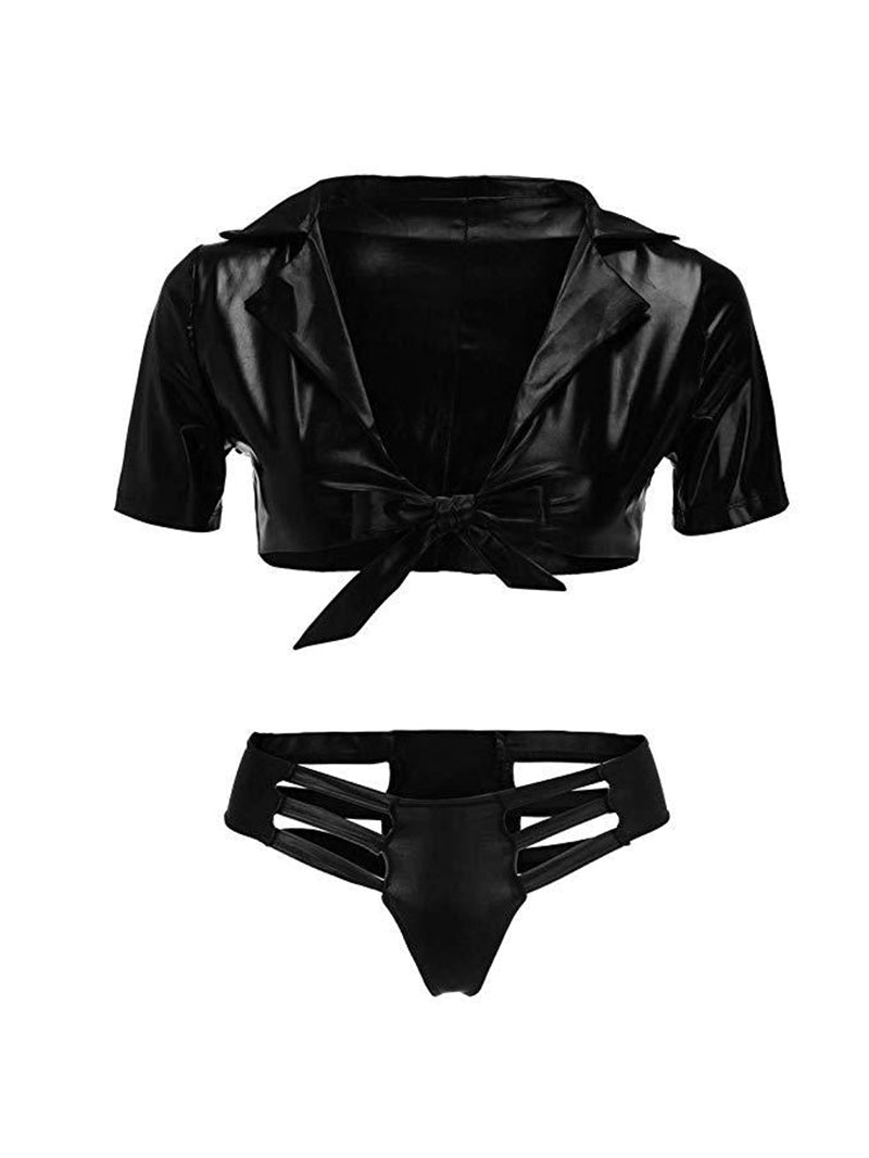 Sexy Patent Leather Short Sleeve Hollow out Underwear Suit