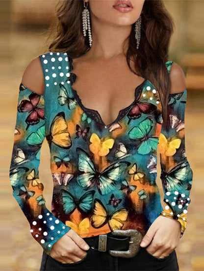 Fashion Lace Patchwork Cold-Shoulder Butterfly Print Long Sleeve