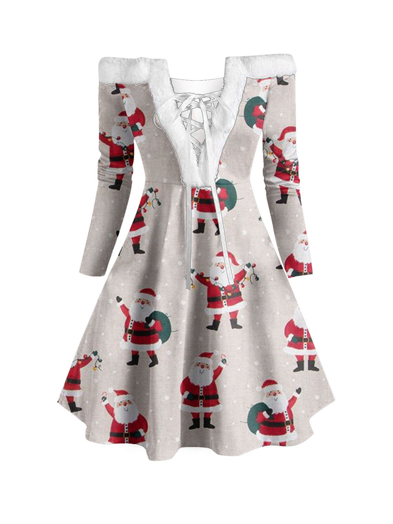 Christmas Printed Female Plush Collar Stitching Long Sleeve Tether Dress