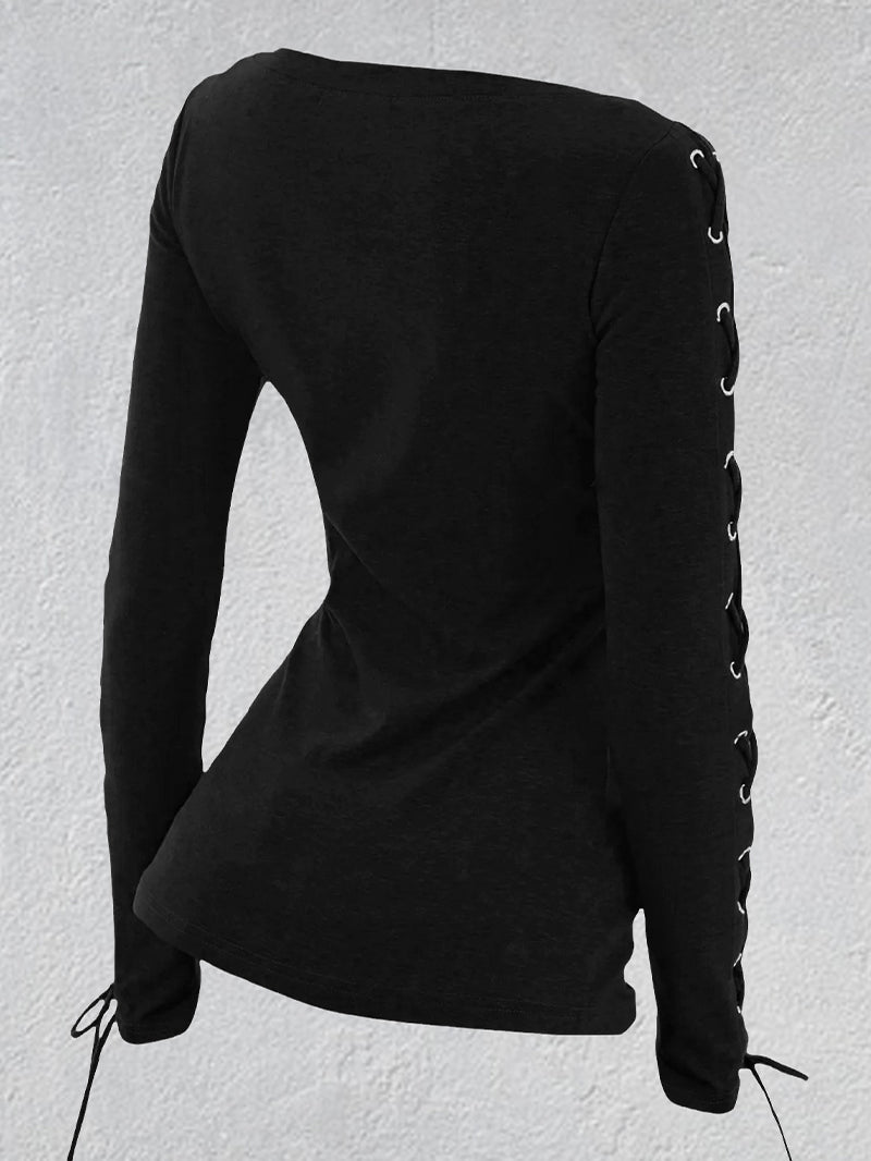 Fashion Black Slim Fit Strap Long-Sleeved T-shirt