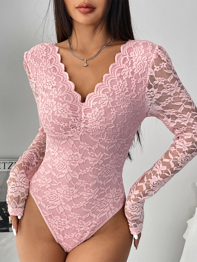 Sexy Lace Long Sleeve See-through Slim-Fit Jumpsuit