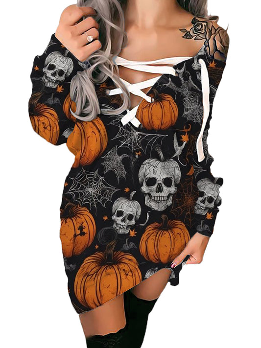 Woman Halloween Pumpkin Skull Printed V-neck Bandage Sexy Dress