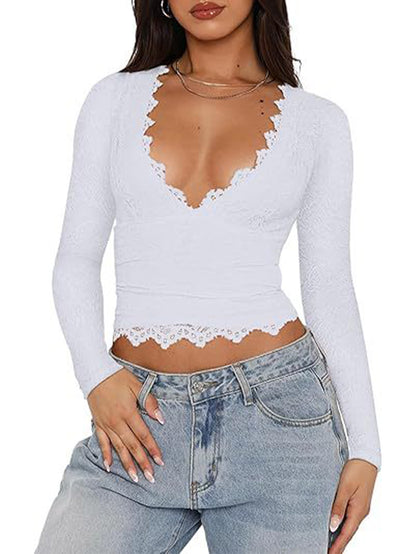 Sexy Women's Lace Hollow V-neck Knitted Long Sleeves