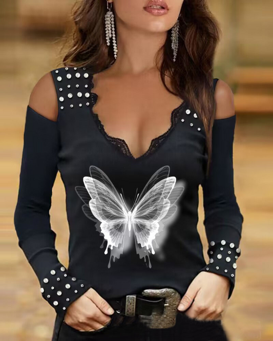 T-shirt gothique en dentelle à épaules dénudées et fantôme papillon