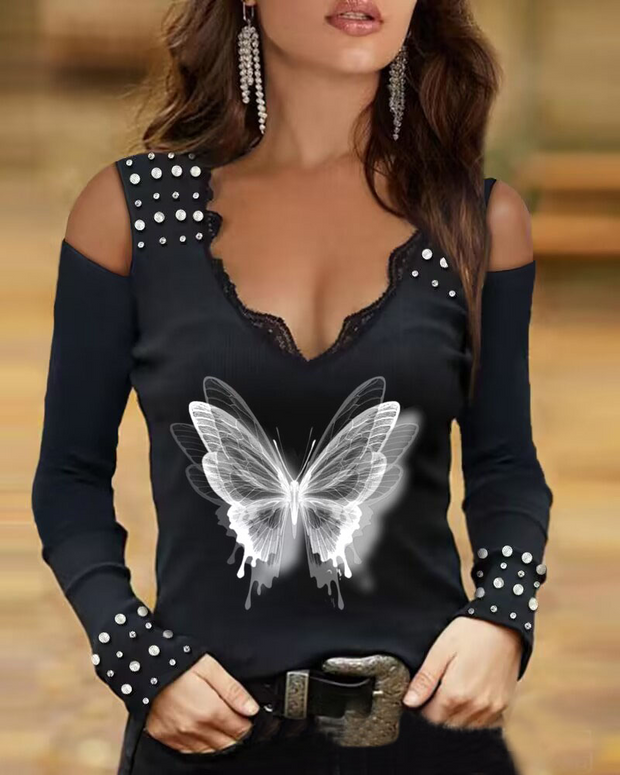 Gothic Butterfly Phantom Off-The-Shoulder Lace T-Shirt