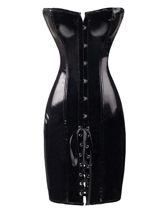 Sexy Black Leather One-Piece Corset Dress