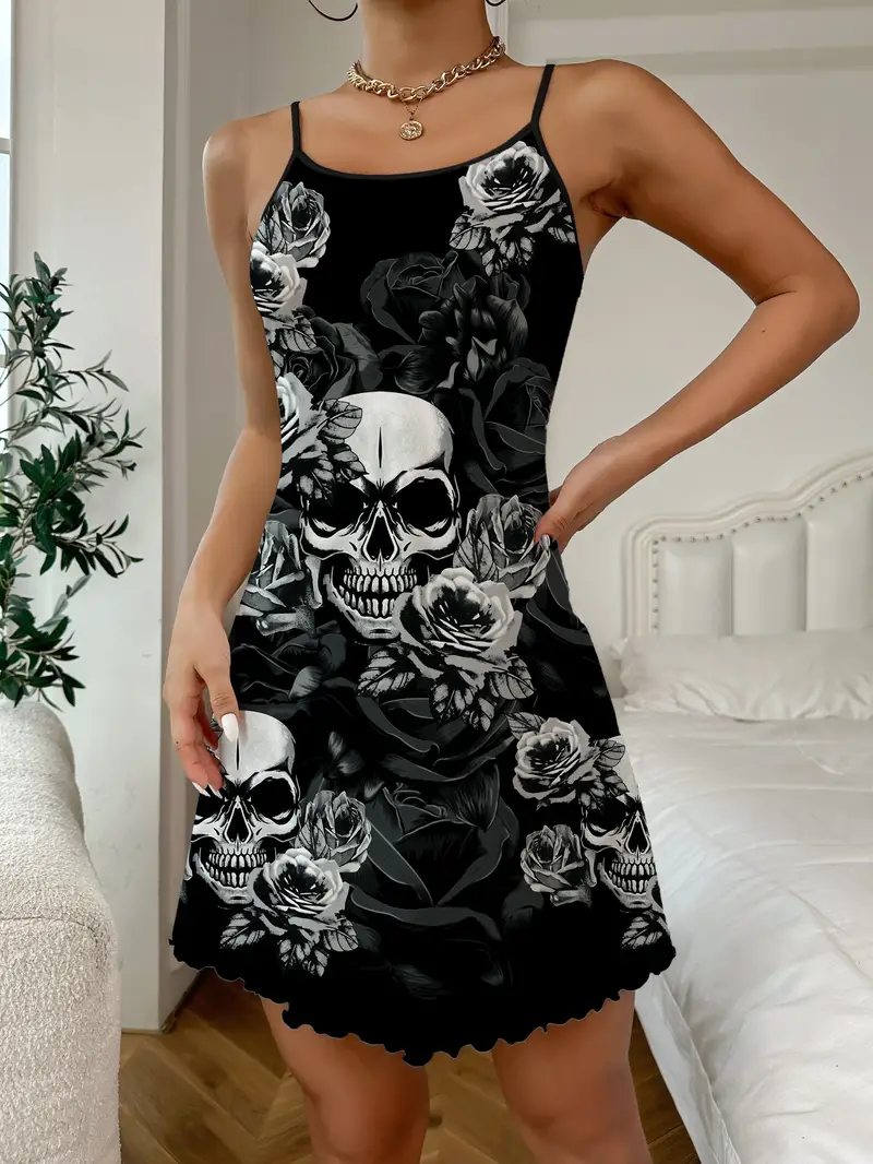 Lounge-Kleid mit Rüschenbesatz und Totenkopf-Print