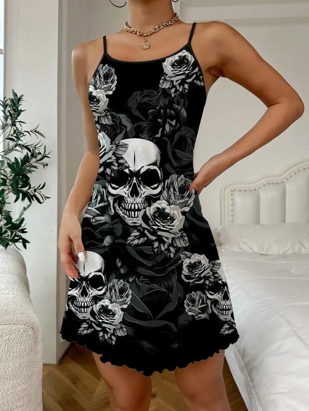 Skull Print Frill Trim Lounge Dress