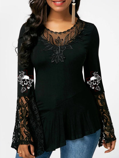 Cross Rose Skull Long Sleeve Lace Stitching Irregular T-shirt