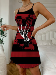 Gothic Skull & Stripe Print Backless Ruffle Lounge Dress
