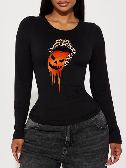 Halloween Tongue Leopard Print Round Neck Long Sleeve T-shirt