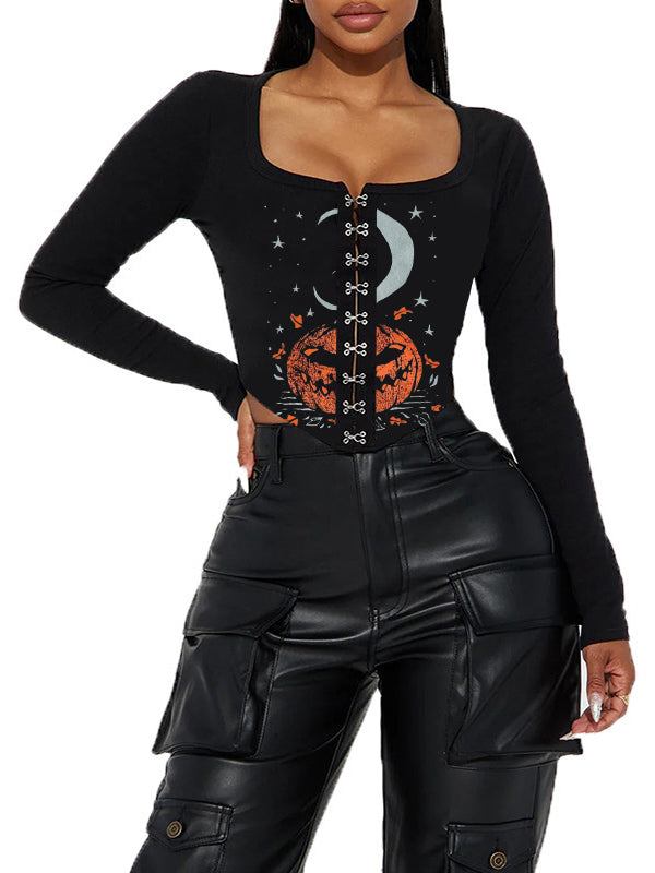 Halloween Pumpkin Printed Sexy Slim Fit Breasted Long Sleeve Top