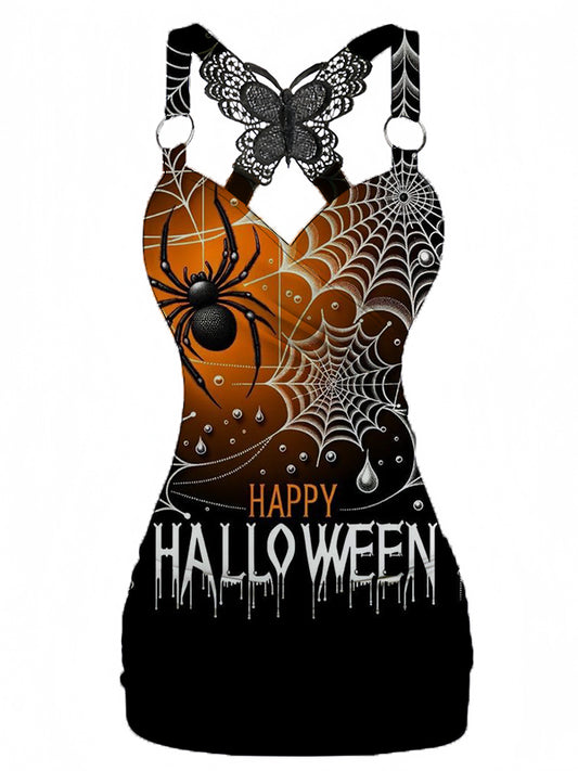 Halloween Spider Printed V-neck Sexy Butterfly Back Dress