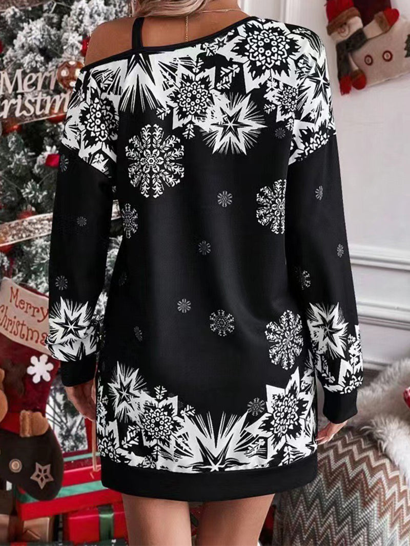 Christmas Snowflake Print Long Sleeve Sloping Shoulder Dress