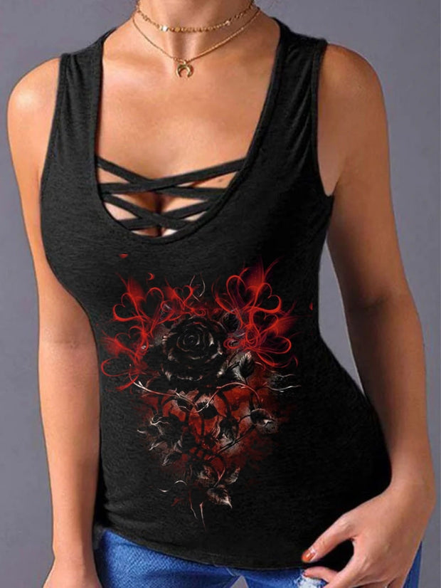 Sexy Dark Night Flame Rose Print Cross Vests
