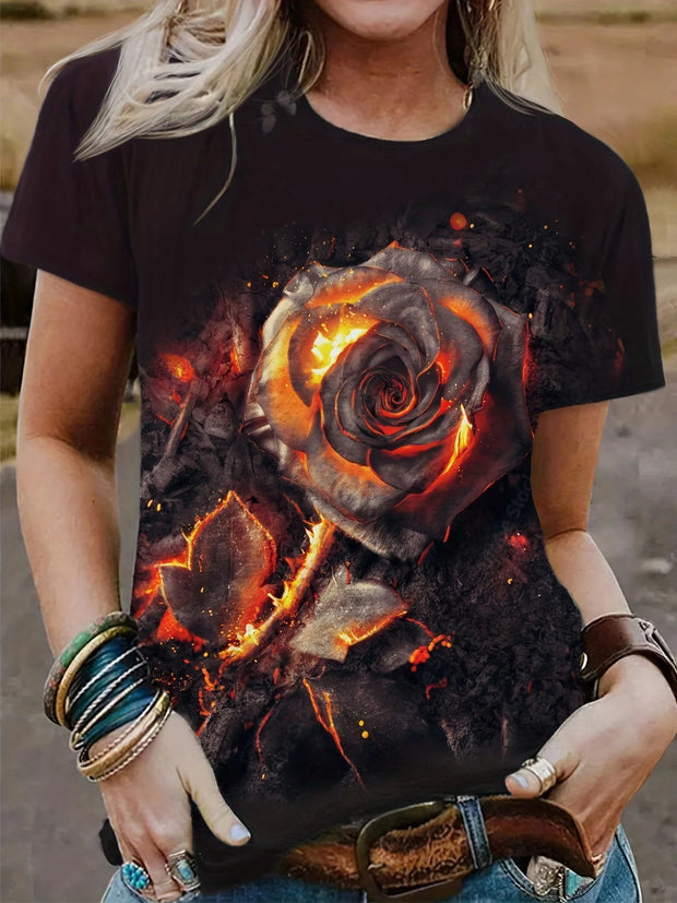 Flame Rose Print Short Sleeve T-Shirt