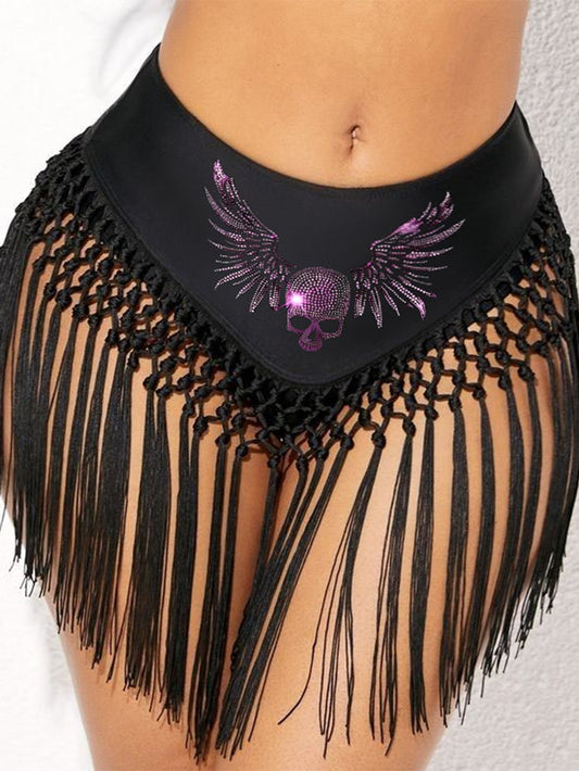 Skull Wings Hot Drilling Printed Tassel Shorts