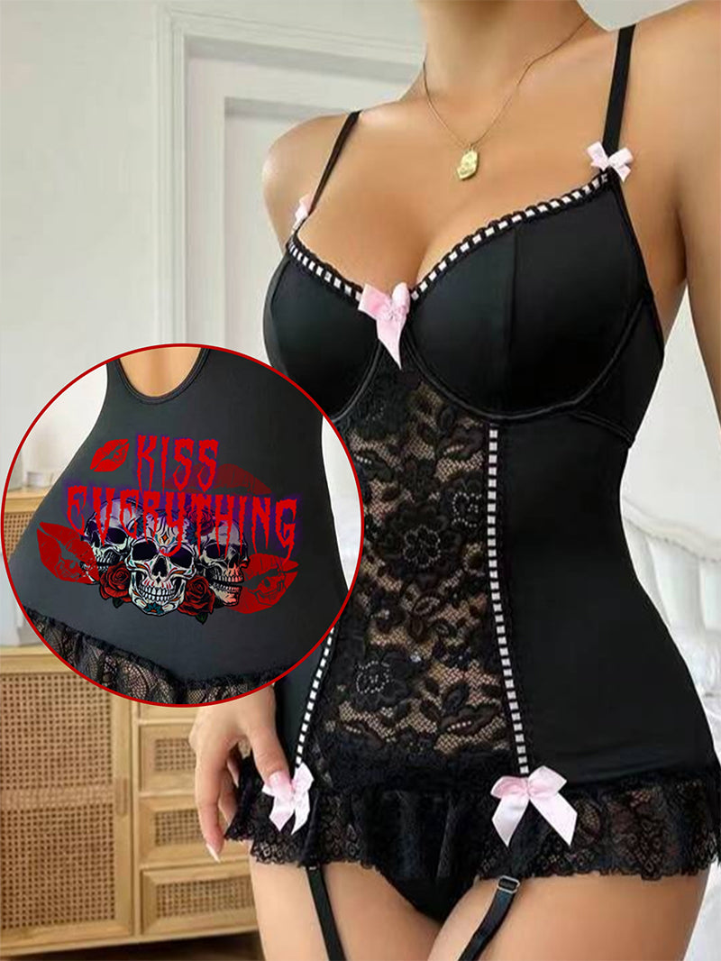 Sexy Golden Skull Rose Red Lip Lace Strap Tight One-Piece Nightdress