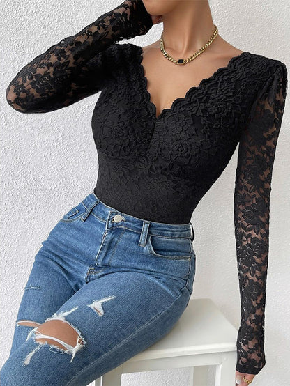 Sexy Lace Long Sleeve See-through Slim-Fit Jumpsuit