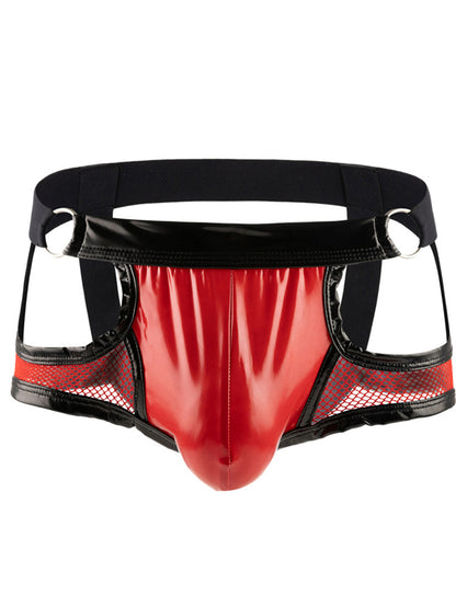 Men's Sexy Mesh Color Matching Patent Leather Hollow Boxer Briefs