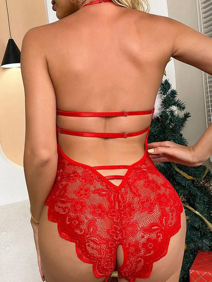 Sexy Lace See-through Fluff Christmas Jumpsuit