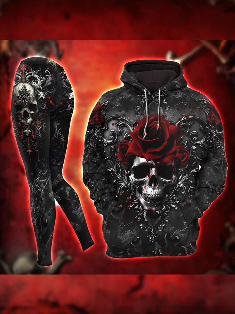 Women's Gothic Skull Red Rose Hoodie Pants Outfit