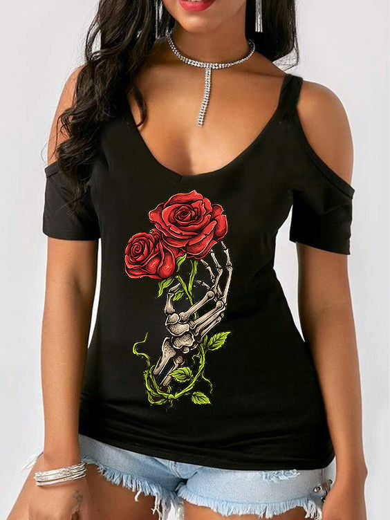 Trägerloses T-Shirt mit Rundhalsausschnitt und kurzen Ärmeln im Gothic-Rosen-Print