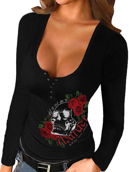 Rose Flower Skull Print Long Sleeve Button Tops