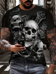 Gothic Cross Skull Print Short Sleeve T-Shirt