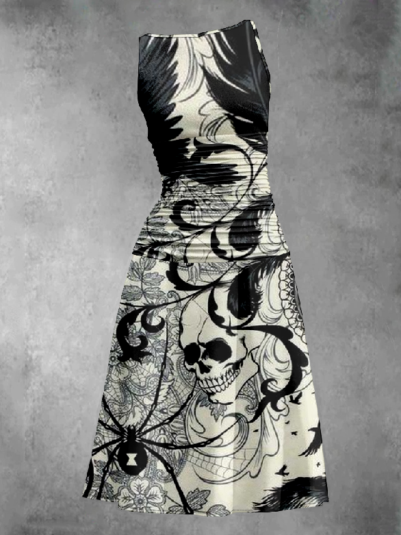 Gothic Line Skull Printed Pleated Vest Dress